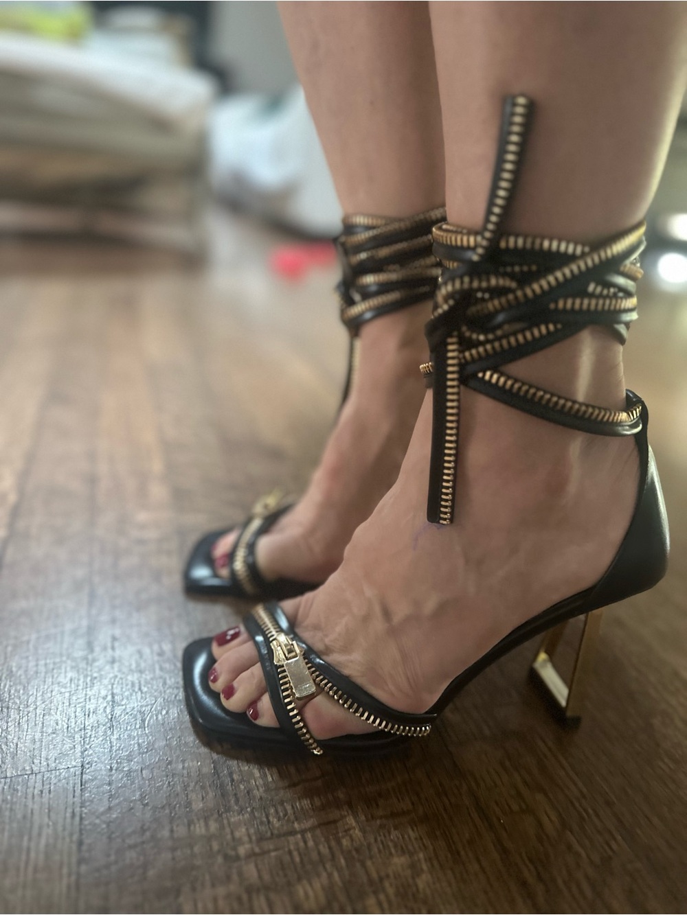 Jeffrey Campbell Black Sandals with Gold Accent Heel - Picture 8 of 12